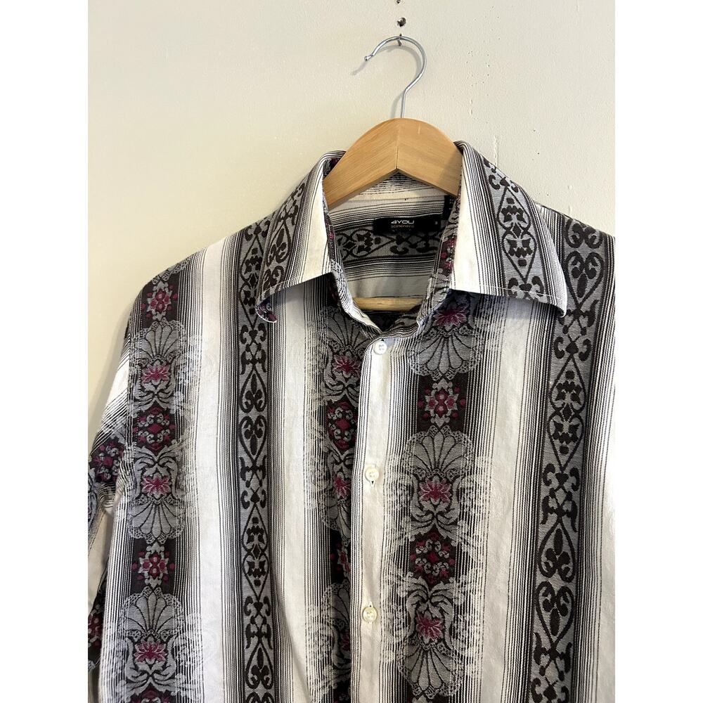 Vintage y2k Brown Cream Floral Surfer Skater Button-down Shirt Men's Medium